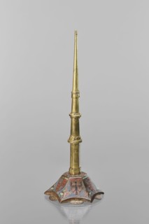 Candlestick, enamel, on a hexagonal base tapering towards the top with a shaft; on each side a coat
