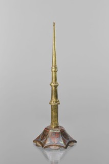 Candlestick, enamel on a hexagonal base tapering toward the top with a shaft; on each side a coat