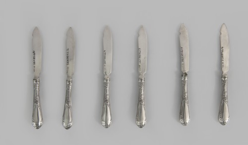 6 fruit knives; maker: Adam Nagalski 1862–1944, goldsmith; dated 1915–1920; Warsaw, Poland;