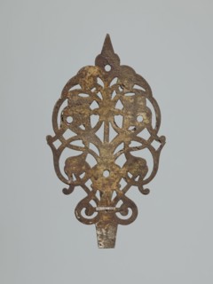 hinge end for a chest, fittings, hinge end from a pair, in the form of an openwork rounded plaque