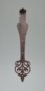 Chest hinge, paired strap hinge for a chest in the shape of a clock hand — one end rolled into a