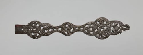 Hinge, openwork strap hinge from a pair: at one end a flat bar bent at a right angle and rolled