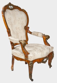 Armchair, provenance unknown. Upholstered armchair backrest, seat, armrests, veneered with