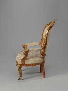 Armchair, origin unknown, neo-Rococo rocaille ornament, fetes galantes, 1850–1870, France, Veneered