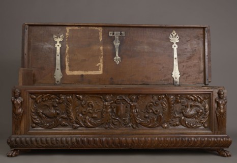 Chest, repossession provenance noted, walnut. Cuboid carved storage chest, mid-16th century, Italy,
