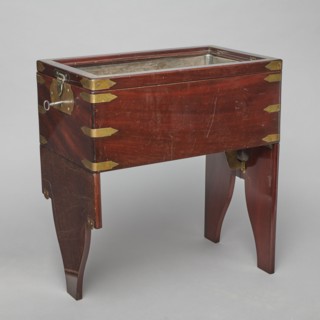 Bidet, unknown origin, hygiene; cuboid mahogany bidet containing a plated container of the same