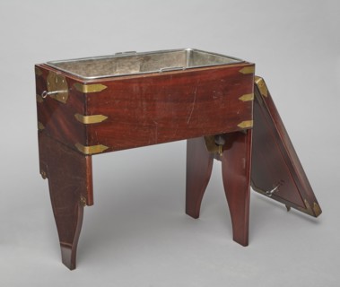 Bidet, unknown origin, hygiene; cuboid mahogany bidet containing a plated container of the same