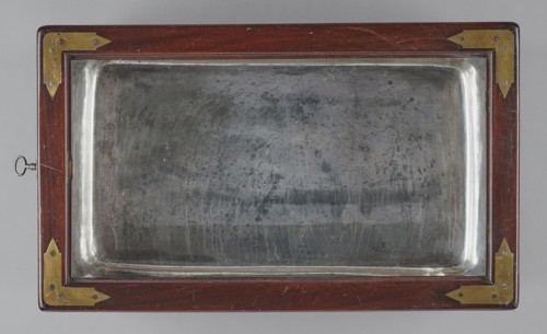 Bidet, unknown origin, hygiene; cuboid mahogany bidet containing a plated container of the same
