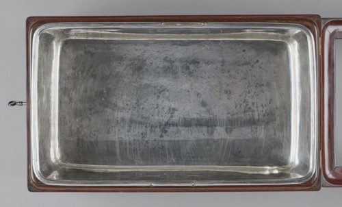 Bidet, unknown origin, hygiene; cuboid mahogany bidet containing a plated container of the same