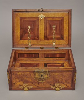 Casket, Baroque cuboid case inlaid with figural scenes and openwork brass fittings. Front shows a