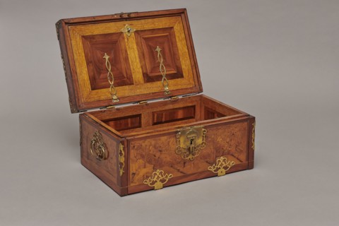 Casket, cuboid case inlaid with figural scenes and openwork brass fittings. Front shows a deer hunt