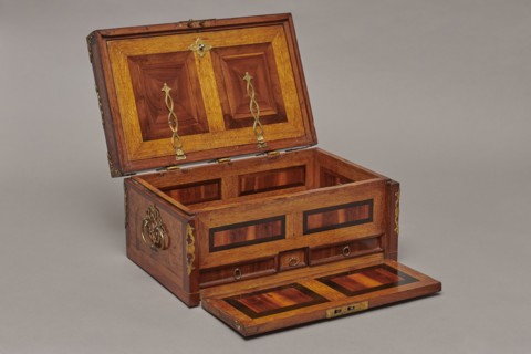 Casket by, c. 1720–1740, Germany. Baroque cuboid case inlaid with figural scenes and openwork brass