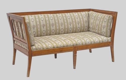 Sofa, unknown origin, Biedermeier, epergne ornament, classicism; arched outer legs and straight