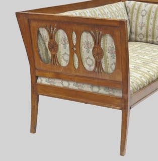 Sofa, origin unknown, Biedermeier, epergne ornament, classicism. Arched outer legs, straight middle