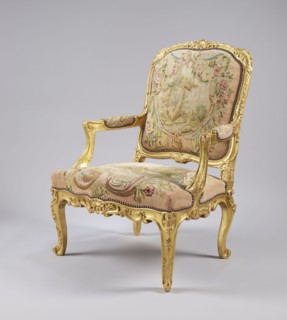 Armchair by Jean-Baptiste Oudry 1686–1755 and unknown co-creator; carved, gilded, and upholstered