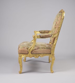 Armchair by Jean-Baptiste Oudry 1686–1755 and unknown co-creator; carved, gilded, and upholstered à