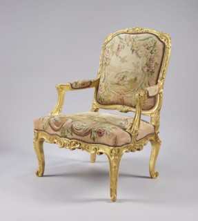 Armchair, maker, upholstery fabric possibly Aubusson or Beauvais; tapestry illustrations after