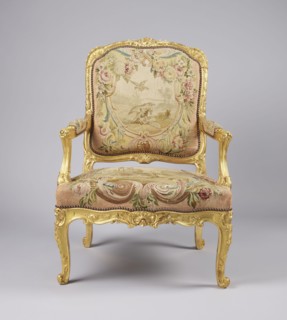 Armchair, possibly upholstered with Aubusson or Beauvais fabric, attributed to Jean-Baptiste Oudry