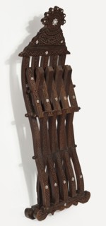 Chair, rosettes ornament, geometric ornament, Kufi script. Scissor chair with footrest, seat, and