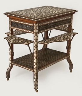 Side table. Rectangular side table with drop-down desks on each side and a bottom shelf, inlaid