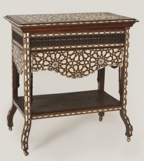 Side table, Rectangular side table with drop-down desks on each side and a bottom shelf, inlaid
