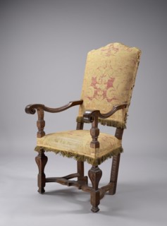 Armchair, neo-Baroque, padded seat and backrest upholstered with large-patterned silk fabric;