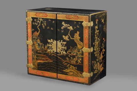Cabinet, origin unknown, chinoiserie decoration with flowers, birds, trees, rocks, genre scenes