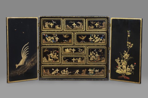 Cabinet, origin unknown, chinoiserie decoration with flowers, birds, trees, rocks, genre scenes
