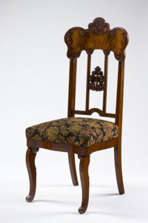 Chair, mahogany chair with a padded seat and a high openwork backrest, with carved decoration;