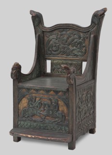 Armchair, wickerwork ornament, battle scenes, knights, plant ornament, dogs, ca. 1500 or 1st half