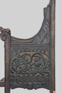 Armchair, wickerwork ornament, battle scenes, knights, plant ornament, dogs, ca. 1500 or 1st half