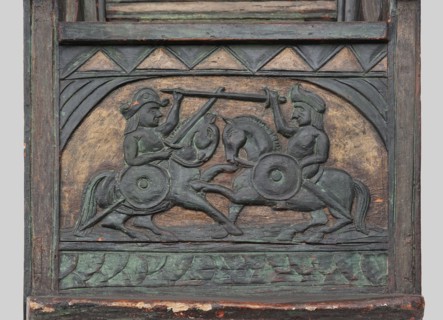 Armchair, wickerwork ornament, battle scenes, knights, plant ornament, dogs, ca. 1500 or 1st half