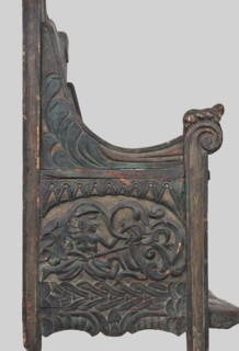 Armchair, wickerwork ornament, battle scenes, knights, plant ornament, dogs, ca. 1500 or 1st half