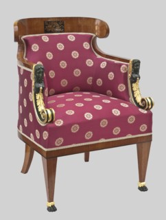 Armchair Berzera, plant decoration, female heads ornament, torches, roses, lion paws, arrows,