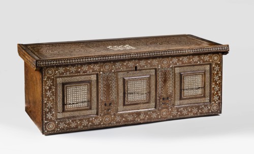 Chest, repossession provenance noted, geometric ornaments, plant decoration, vase ornament, chess,