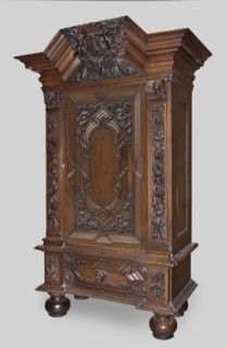 Wardrobe, provenance, putti; baroque; coats of arms; plant decoration; lion masks; personifications