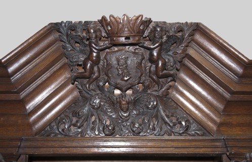 Wardrobe, putti, Baroque style, coats of arms, plant decoration, lion masks, personifications of