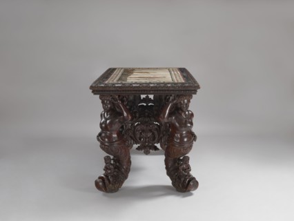 Table, Neo-Baroque, richly carved table with a rectangular mosaic top supported by four supports in