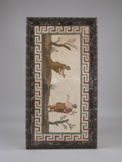 Table, Neo-Baroque richly carved table with a rectangular mosaic top supported by four supports in