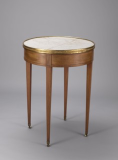 Table, classicism style, geometric ornament, round mahogany table with a white marble top enclosed