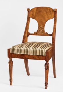 Chair, Biedermeier, mahogany chair with a removable padded seat cushion and board backrest. Front
