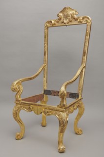 Travel armchair, late Baroque type, carved and gilded, with a high flat backrest on cabriole legs