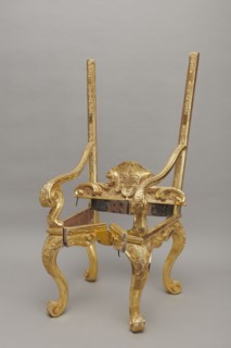 Travel armchair, late Baroque type, carved and gilded, with a high flat backrest, cabriole legs