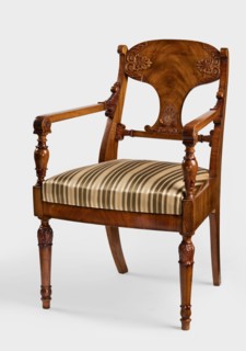 Armchair, Biedermeier style; acanthus and palmettes ornament. Front legs straight, turned in the