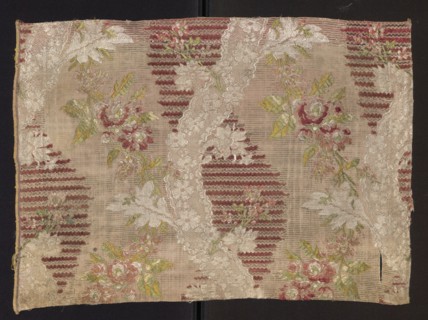 Fabric fragment: patterned silk with floral and lace motifs, mid-18th century, France. Silk fabric