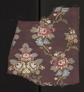 Fabric fragment, fragments of silk fabric, patterned with a symmetrical composition of bouquets and