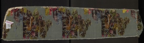 Fabric fragment, silk taffeta background in blue-green, brocaded with colorful threads in a twill