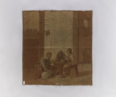 Figural tapestry showing genre scene in an inn. Inside a farm building, perhaps a stable, three men