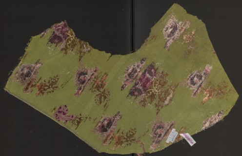 Fabric fragment, silk, unknown origin, 18th-century silk fragment. Pattern: symmetrical composition
