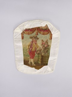 Three tapestry armchair covers, assorted designs: flowers, floral ornaments, genre scenes, interior